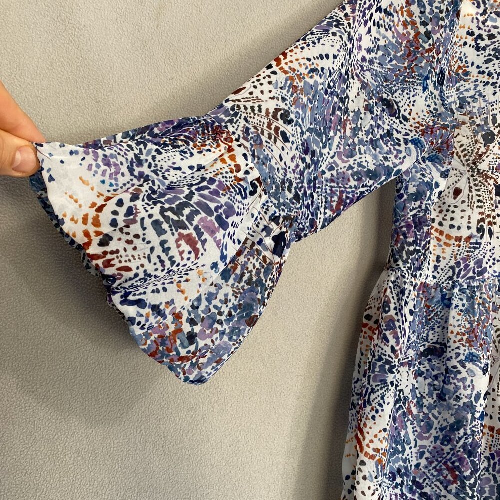 Waverly Grey Abstract Print Peplum Blouse Small Boho Flowy Bell Sleeve Top - Picture 3 of 6